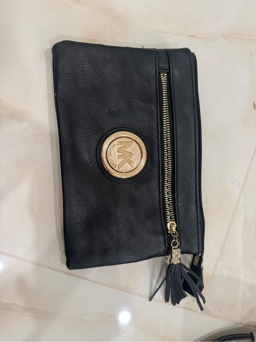 Michael Kors Black Leather Wristlet Clutch with Gold Logo - Picture 1 of 4